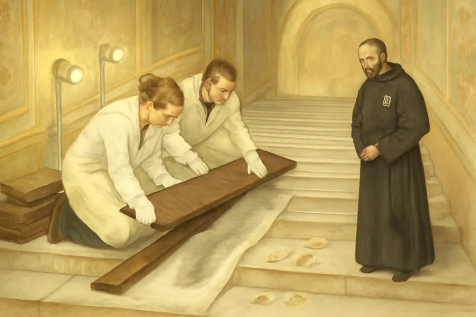 Watercolor-style illustration of restorers lifting dark wooden boards from a marble staircase, revealing worn white steps with hollows in the middle