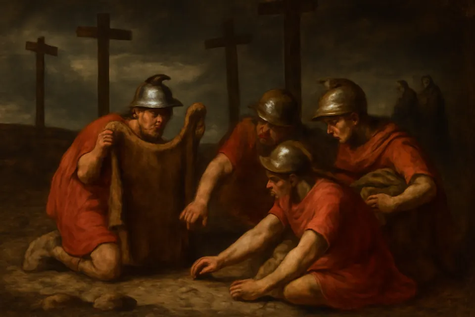 Fresco-style illustration of four Roman soldiers kneeling on the rocky ground of Calvary casting dice for a plain brown tunic
