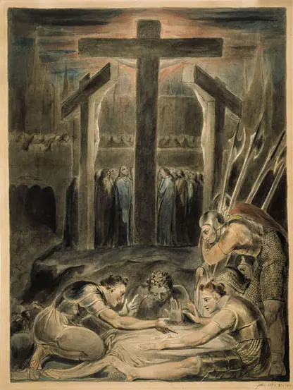 Watercolor of three crosses against a dark sky, with soldiers crouched on the ground below throwing lots over a spread-out garment and mourners standing in the distance