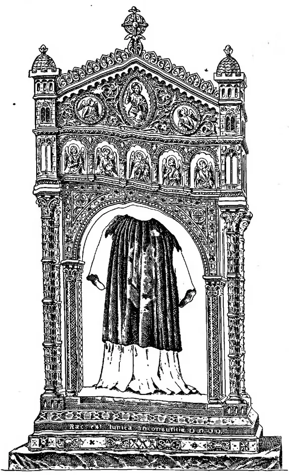 Black-and-white drawing of a pointed Gothic shrine with turrets, with a dark tunic hanging inside its arched opening