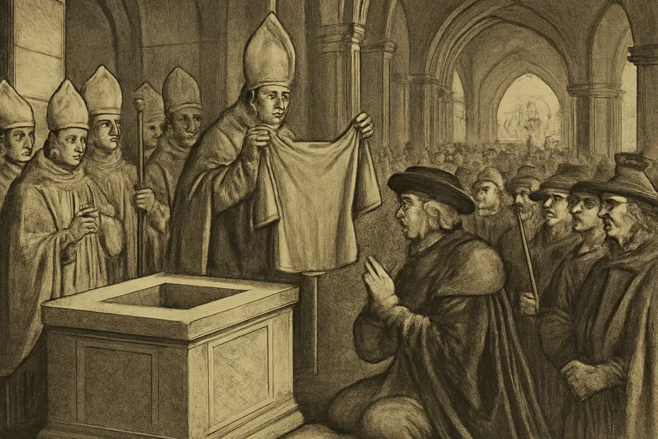 Engraving-style illustration of an archbishop showing a folded brown tunic to an emperor and kneeling crowds in a Romanesque cathedral in 1512