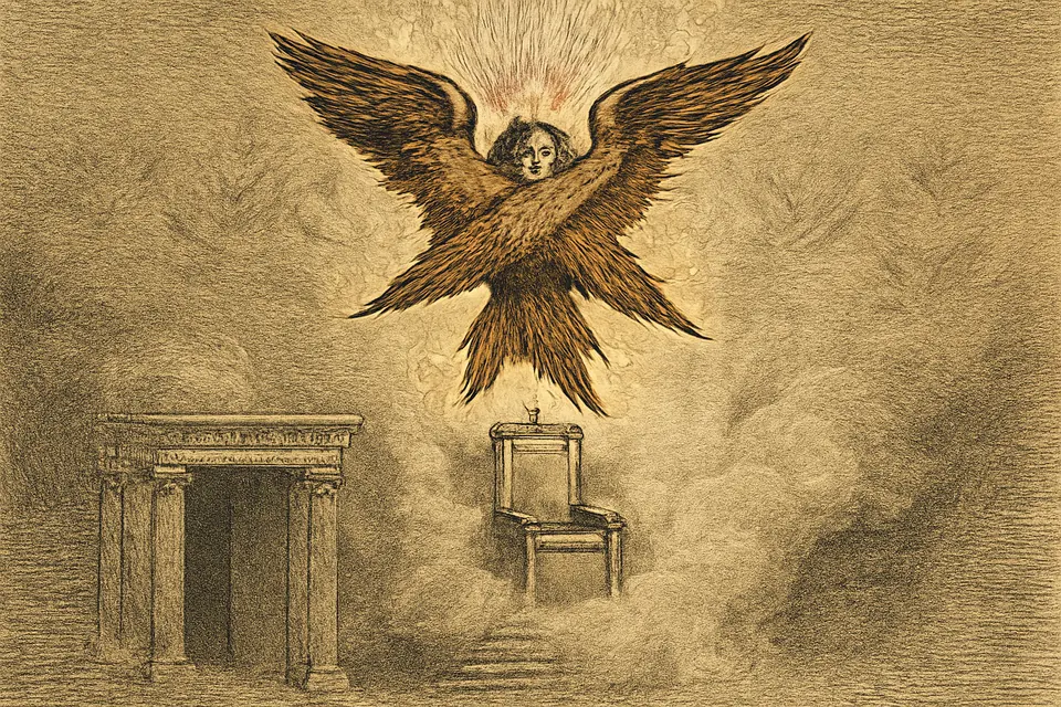 Icon-style illustration of a six-winged seraph of red and gold flame above a throne, two wings over its face, two over its feet and two spread wide