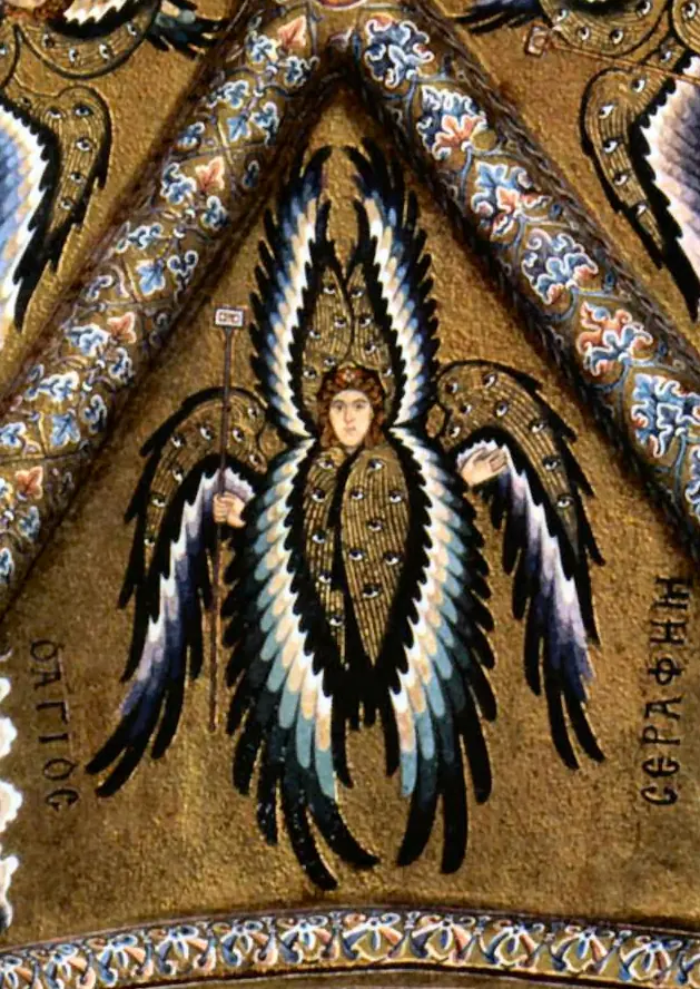 Gold mosaic of a seraph with six long feathered wings of blue, white and black around a small human face, labeled in Greek