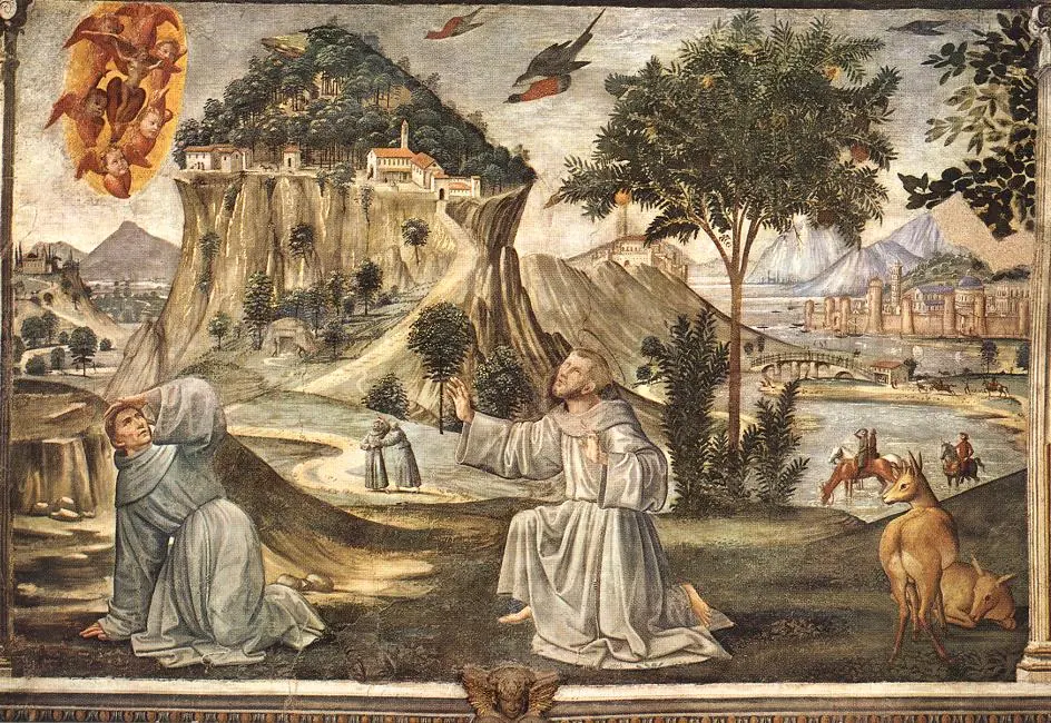 Fresco of St. Francis kneeling on a rocky mountain as a small winged crucified figure appears in the sky, with a friar shielding his eyes nearby