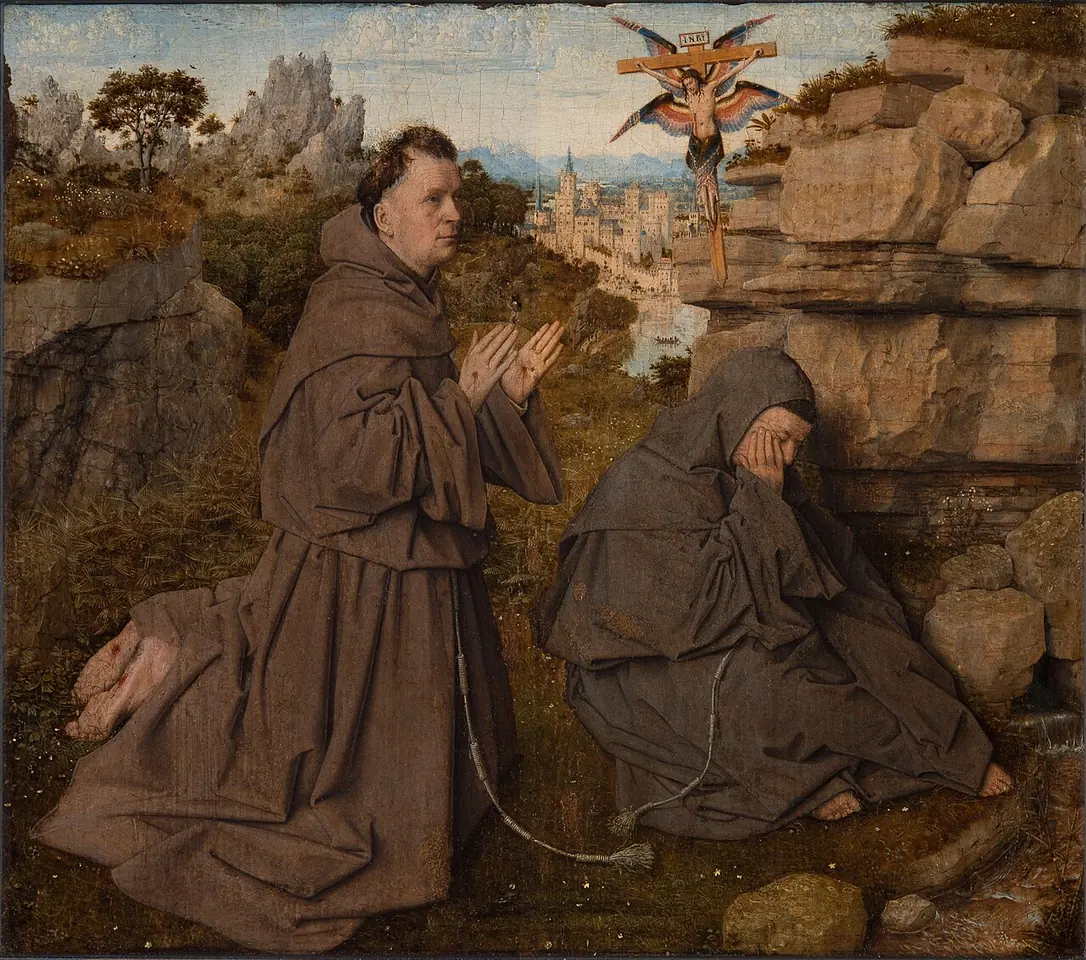 Small oil painting of St. Francis kneeling on rocks before a winged crucified figure in the sky, with a sleeping friar beside him and a city in the distance