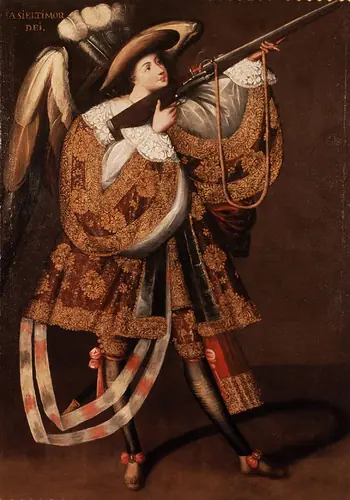 Pintura andina de un ángel con alas, sombrero de plumas y abrigo de brocado, que apunta con un arcabuz