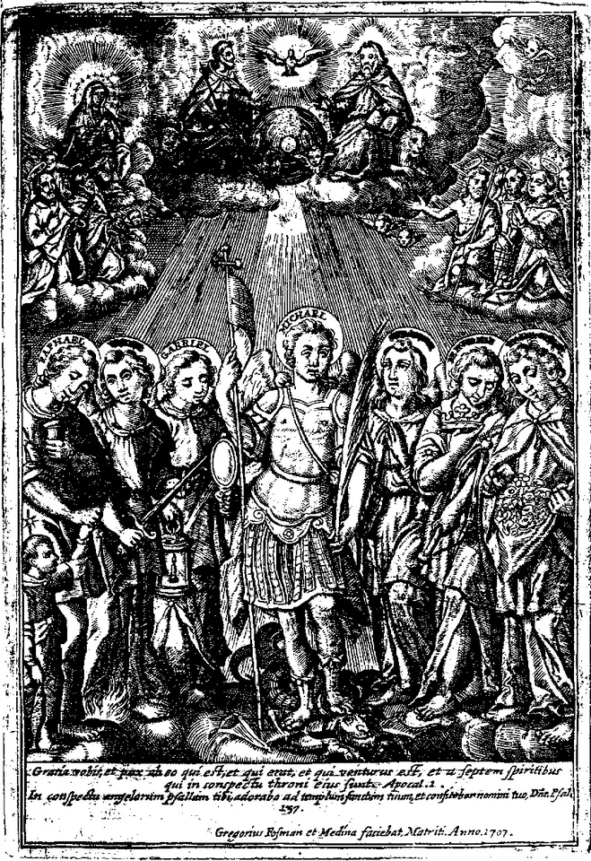 Grabado en blanco y negro de siete ángeles de pie en fila bajo los rayos de la Santísima Trinidad entre nubes, con una inscripción en español al pie