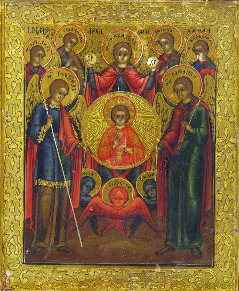 Ícono ruso de siete arcángeles alados con túnicas rojas y azules alrededor de un círculo que contiene la figura de Cristo niño, con querubines oscuros debajo