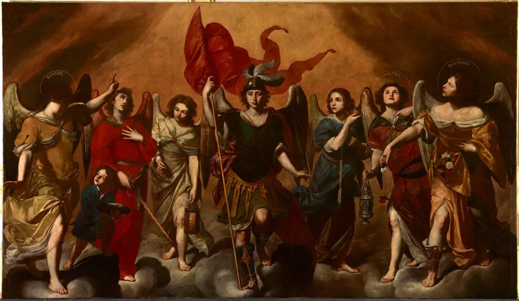 Pintura barroca de siete ángeles jóvenes con túnicas de colores que avanzan entre las nubes, uno con armadura roja y un estandarte en el centro