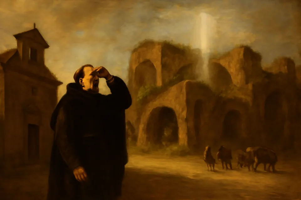 Ilustración en estilo óleo de un sacerdote en Roma, en 1541, que ve una luz blanca elevarse de las ruinas de las termas de Diocleciano