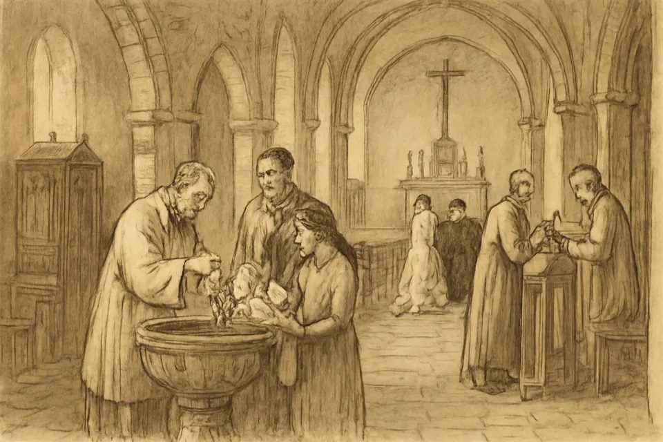 Oil-painting-style illustration of a parish church where a baby is baptized at the font in the foreground while, farther up the aisle, a bride and groom kneel before the altar and an elderly man receives Communion