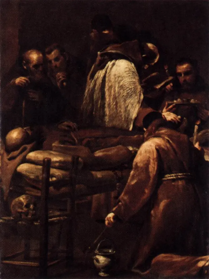 Friars gather around a dying man in bed as a priest in a white surplice bends over him to anoint him, with a holy water bucket on the floor