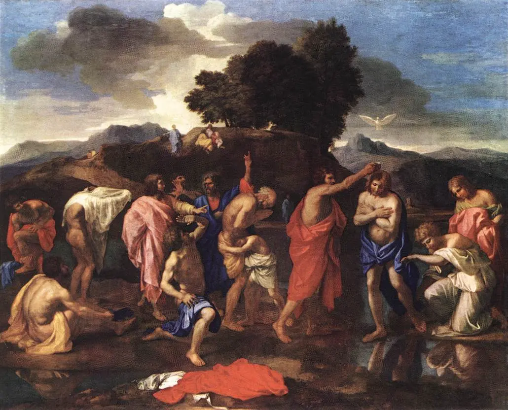 St. John the Baptist pours water over the head of Christ standing in the river while the dove of the Holy Spirit appears in the sky and other people undress on the bank to be baptized