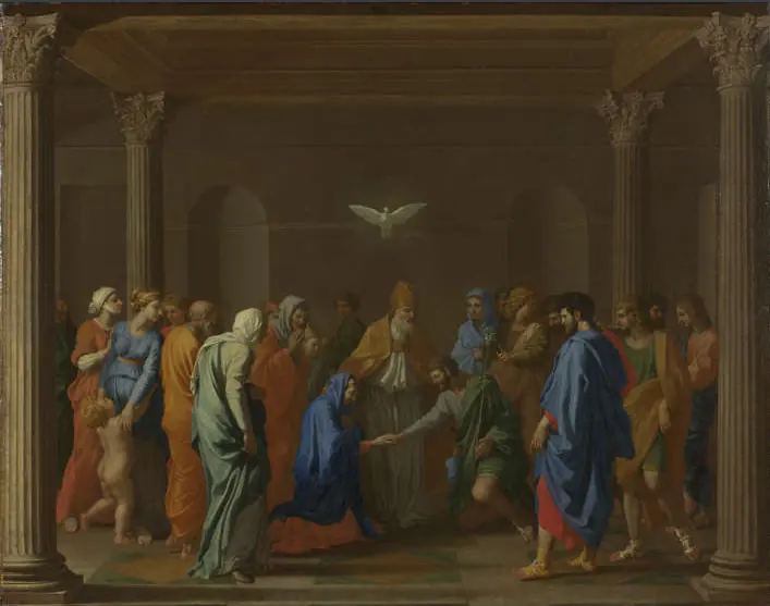 Mary and Joseph join hands before the high priest in a columned hall as the dove of the Holy Spirit hovers above and a crowd of relatives looks on