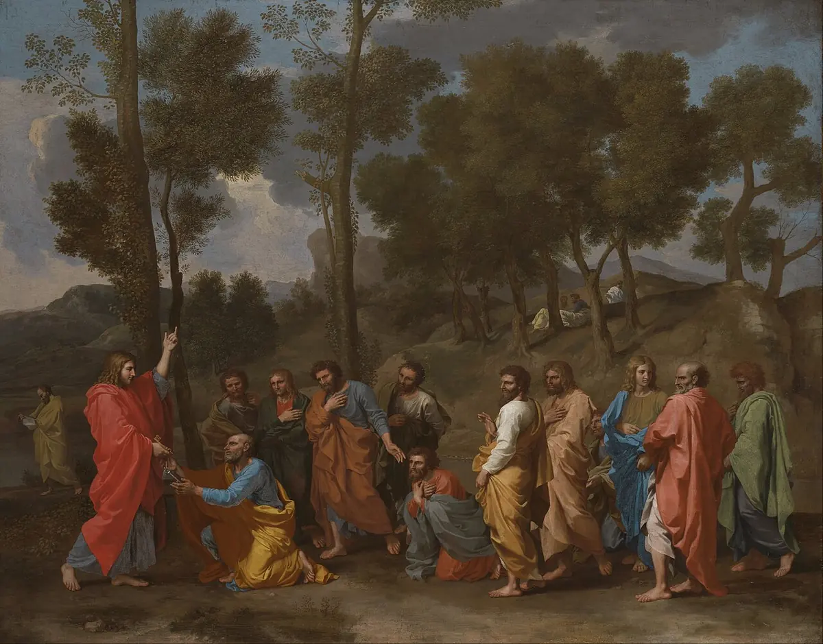 In a wooded landscape Christ, in red, points heavenward while St. Peter kneels before him to receive the keys, the other apostles standing in a line around them