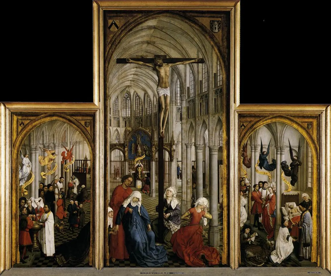A three-panel altarpiece showing the inside of a Gothic church, with the Crucifixion and the grieving Virgin in the central nave and the seven sacraments being celebrated in the side aisles of the left and right wings