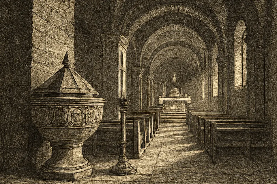 Engraving-style illustration of an old stone baptismal font near a church door, with the long aisle leading to the lit altar and tabernacle beyond