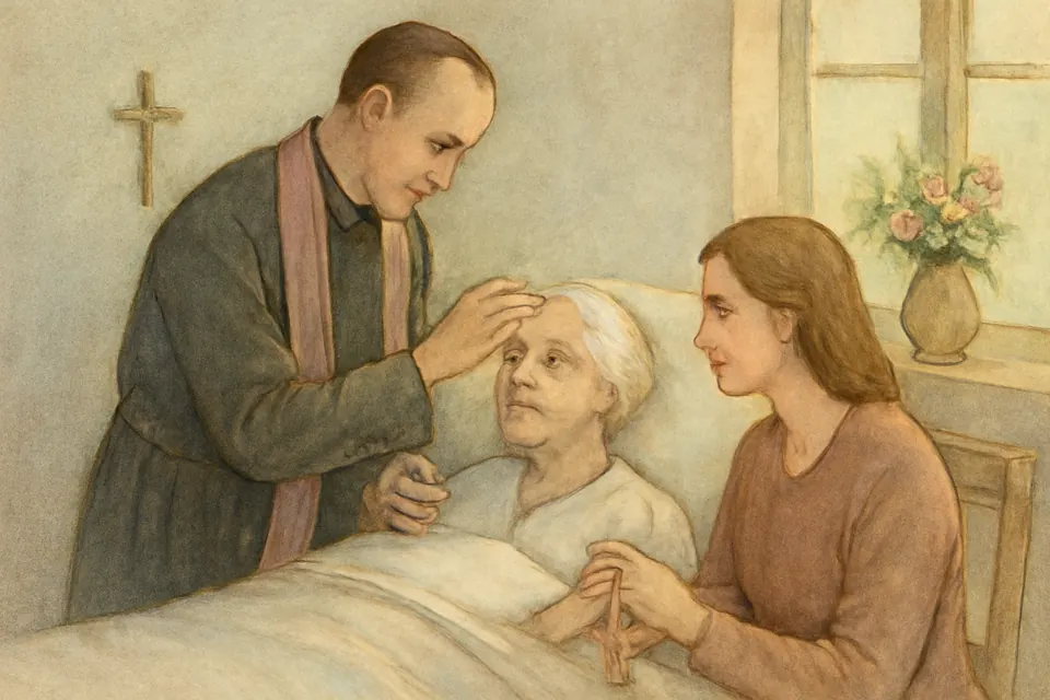 Watercolor-style illustration of a priest in a purple stole anointing the forehead of an elderly woman in a hospital bed while her daughter holds her hand