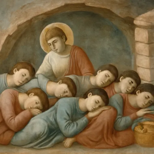 Fresco-style painting of seven young men in tunics and cloaks asleep side by side in a rocky cave, lit softly from the cave mouth