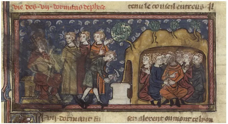 French manuscript miniature in two halves, an enthroned emperor giving orders on the left and the young men sitting together inside a walled cave on the right