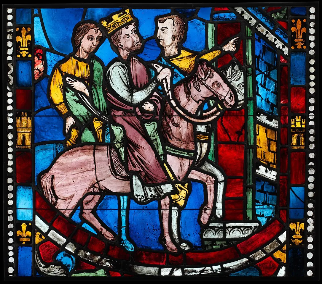 Medieval stained-glass panel of a crowned emperor on a pink horse with two companions, one pointing ahead, against a deep blue ground