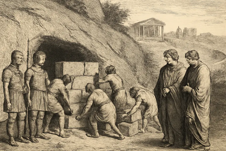 Engraving-style illustration of Roman workmen stacking stones to wall up the mouth of a cave on a hillside outside an ancient city