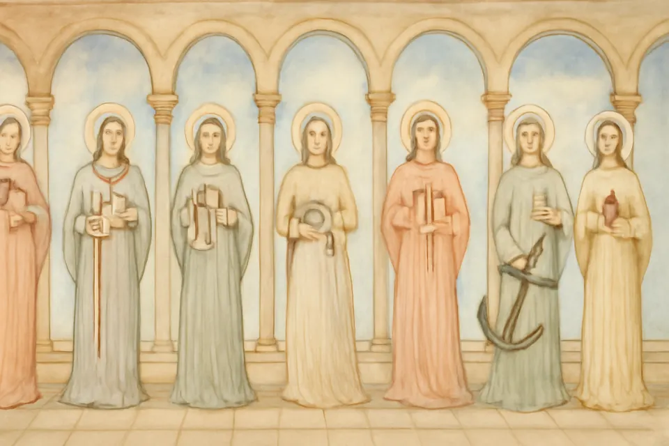 Fresco-style illustration of seven robed women standing in a row beneath painted arches, each holding a simple emblem such as a mirror, scales, a column, a pitcher, a cross, an anchor and a flaming heart