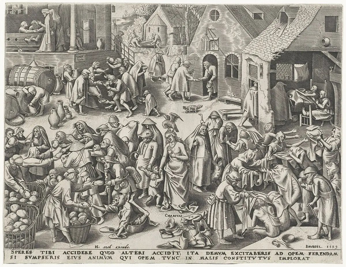 Engraving of a town square where people feed the hungry, give drink to the thirsty, clothe the poor, visit prisoners and care for the sick, with Charity standing at the center holding a burning heart