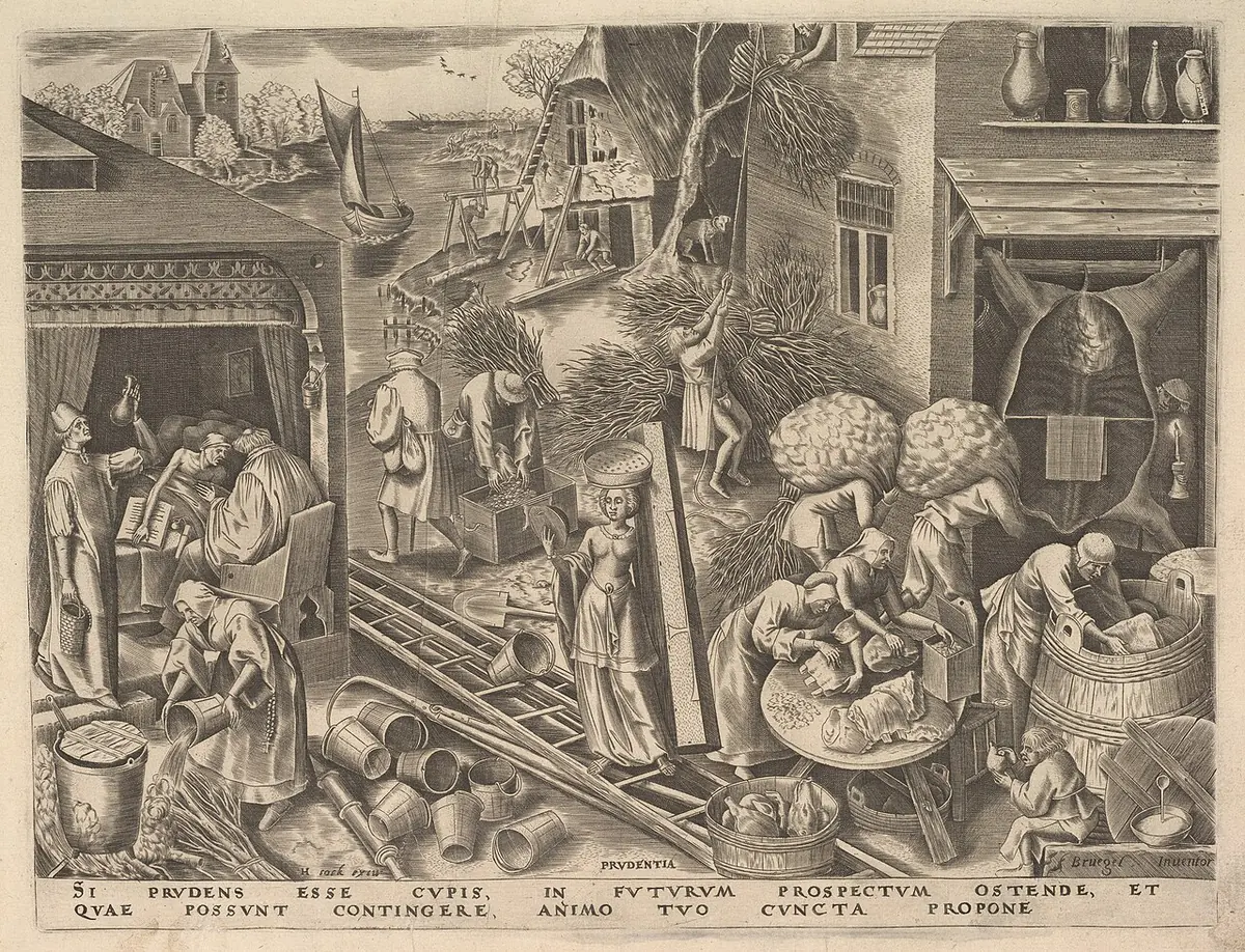 Engraving of a busy Flemish town in late autumn where people salt meat, store firewood, mend roofs and lay up provisions for the winter, with Prudence standing among them