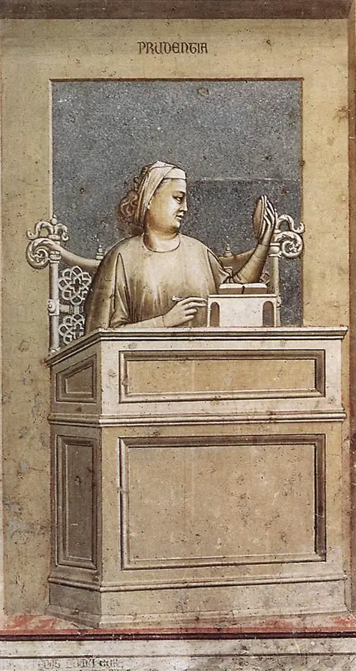 Grisaille fresco of a seated woman at a reading desk gazing into a hand mirror, with a second, older face painted on the back of her head