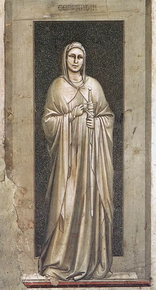 Grisaille fresco of a calm woman in a long mantle holding a sheathed sword bound shut with straps, a bridle across her mouth