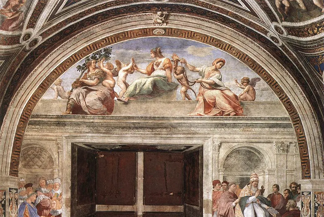 Fresco lunette of three seated women, Fortitude with an oak branch and a lion, Prudence with a mirror, and Temperance with reins, surrounded by small winged children who stand for faith, hope and charity