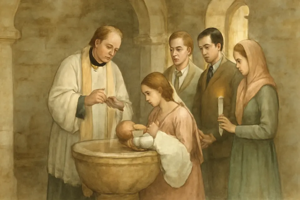 Watercolor illustration of a priest pouring baptismal water over an infant's head at a stone font while the parents and godparents watch