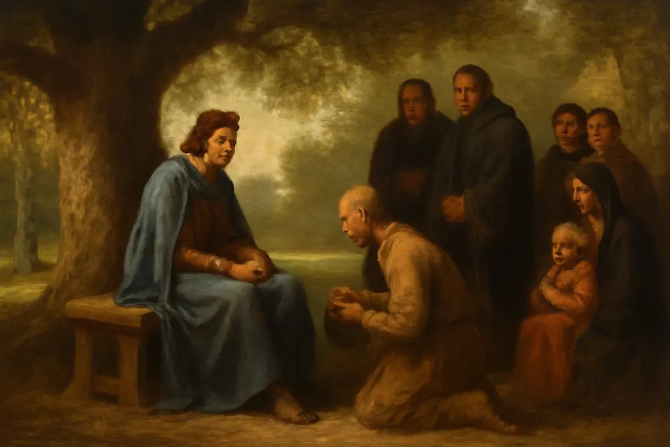 Oil-painting-style illustration of King St. Louis IX seated beneath an oak tree hearing the complaints of ordinary people