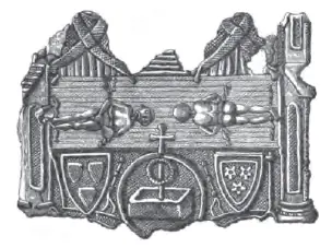Drawing of a small metal badge showing two clerics holding up a long cloth with the front and back image of a body, above two coats of arms and a roundel
