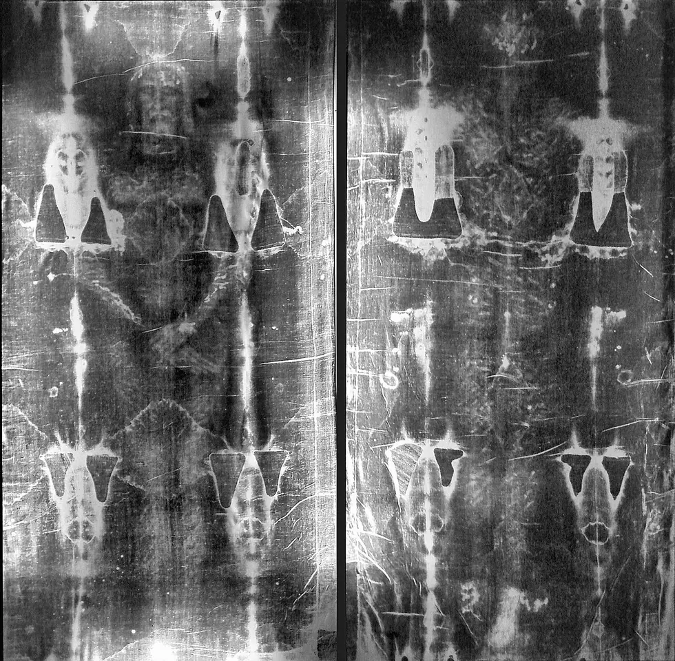Two black and white negatives side by side showing the front and back of a bearded man with hands crossed, light against a dark background, with patch shapes along the edges