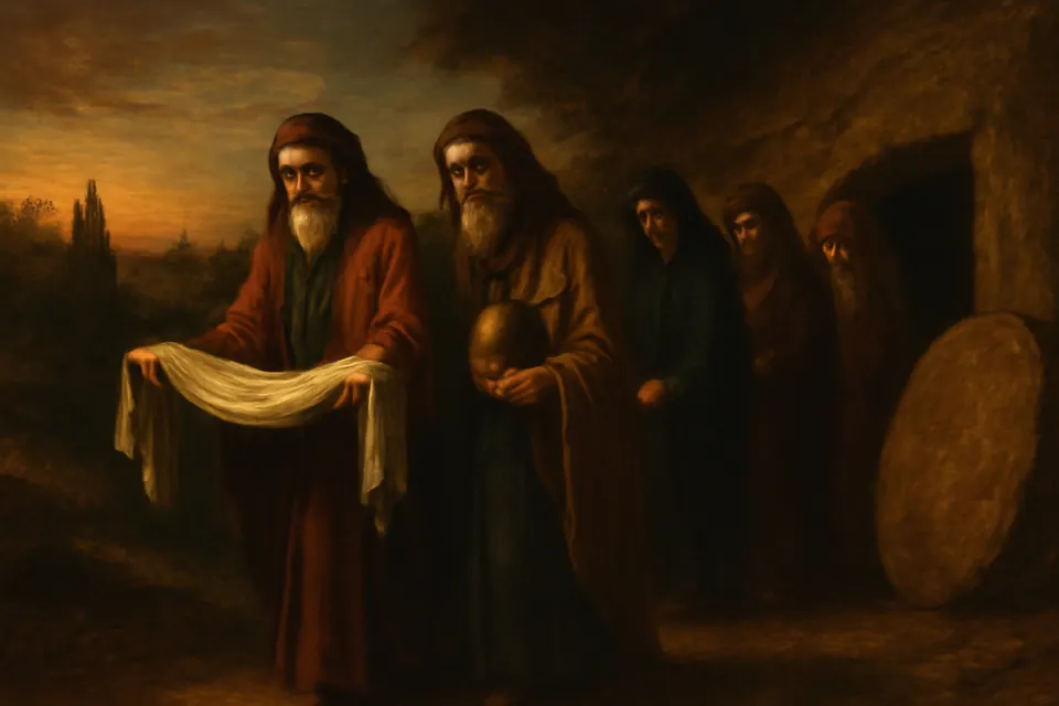 Oil-painting-style illustration of Joseph of Arimathea and Nicodemus carrying a folded linen cloth and jars of spices to a rock-cut tomb at dusk, with the women following