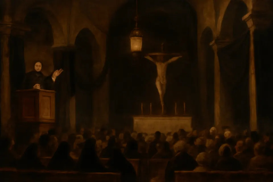 Ilustración en estilo óleo de una iglesia colonial cubierta de paños negros el Viernes Santo al mediodía, con un sacerdote que predica desde el púlpito ante un gran crucifijo y los fieles en silencio