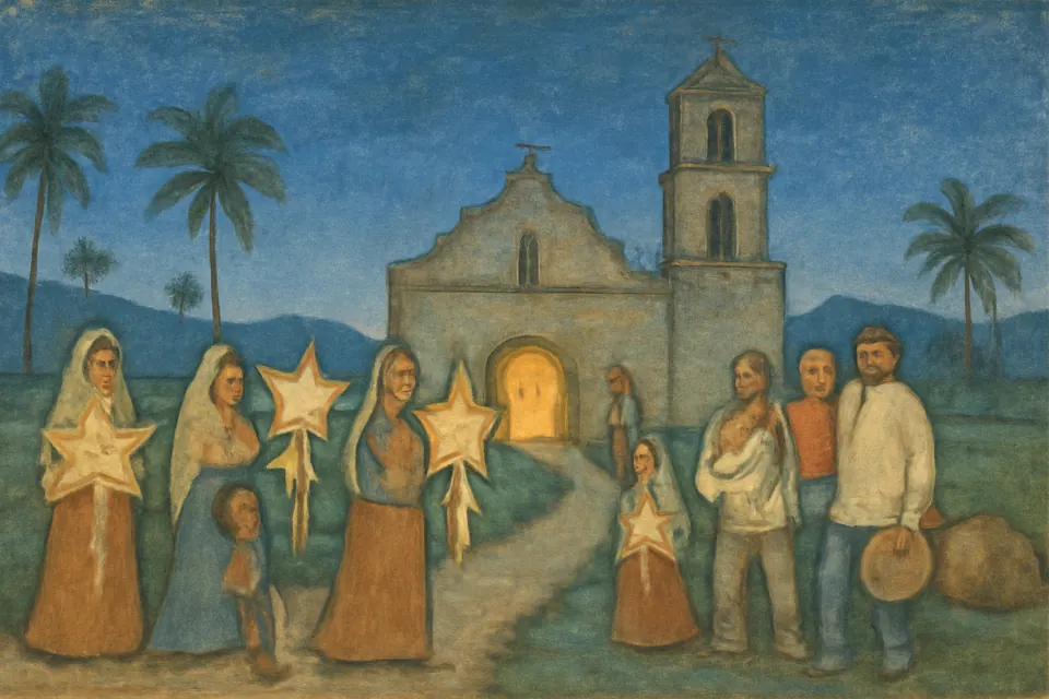 Oil-painting-style illustration of Filipino villagers carrying star-shaped paper lanterns along a dark road toward a lit stone church before dawn