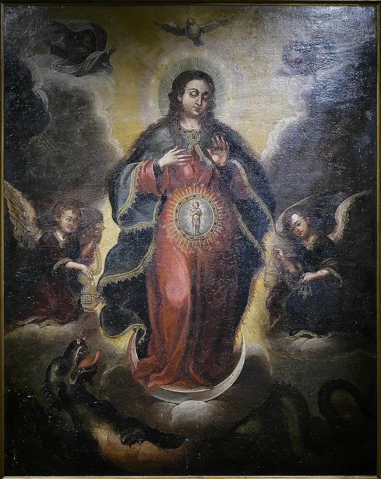 Painting of the Virgin Mary standing on a crescent moon with her hands raised, a golden sunburst on her womb showing the unborn Christ child, angels at her sides and the dove of the Holy Spirit above