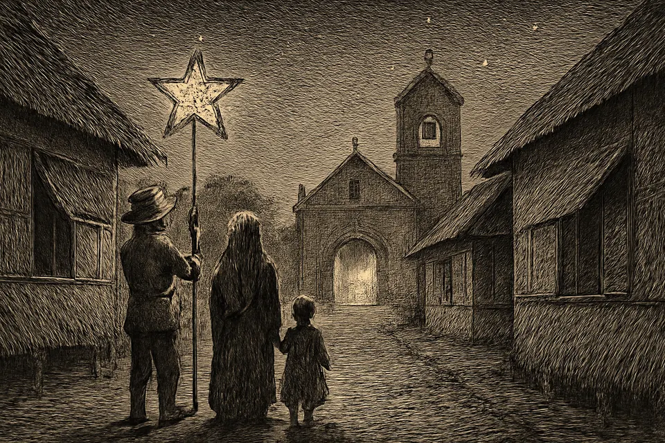 Engraving-style illustration of a farmer and his family walking to a dawn Mass through a village street, the father holding a star lantern on a pole