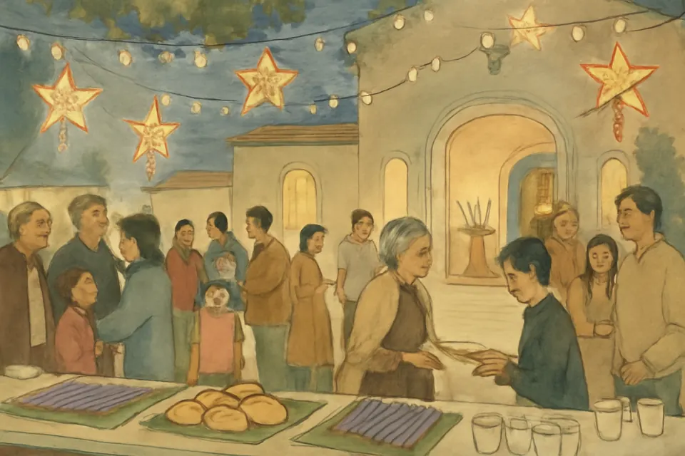 Watercolor-style illustration of a Filipino-American parish community gathered after an evening Simbang Gabi Mass, with parols hanging over tables of rice cakes