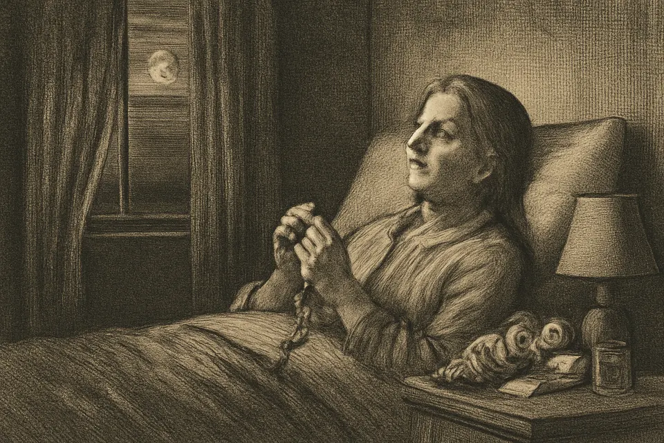Oil-painting-style illustration of a woman lying awake in bed at night holding a rosary, moonlight through the window and a small statue of St. Joseph sleeping on the nightstand