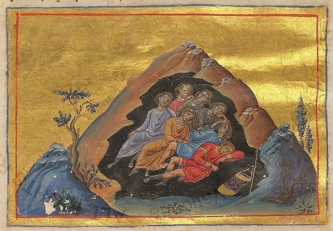 Byzantine manuscript miniature on a gold ground of seven young men asleep together inside a dark cave in a rocky hill
