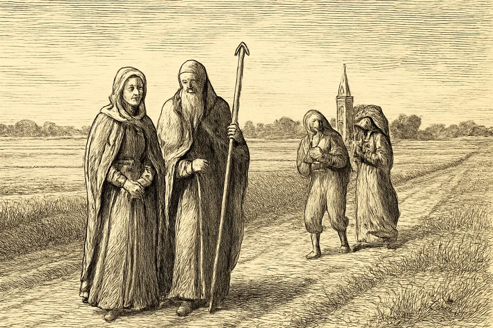 Engraving-style scene of a young Irish princess and an old priest traveling on foot to Geel