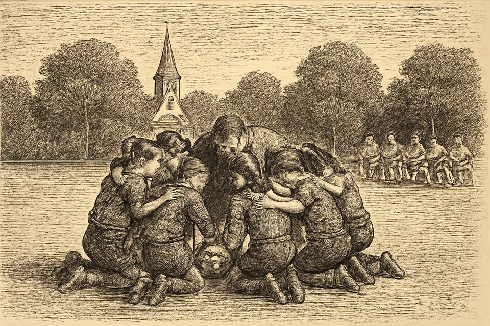 Watercolor-style illustration of a girls' youth soccer team kneeling in a circle at midfield with their coach for a prayer before a game, a ball resting in the middle