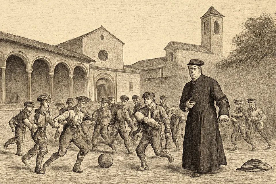 Engraving-style illustration of a priest in a cassock refereeing a game of football among poor boys in a 19th-century church courtyard