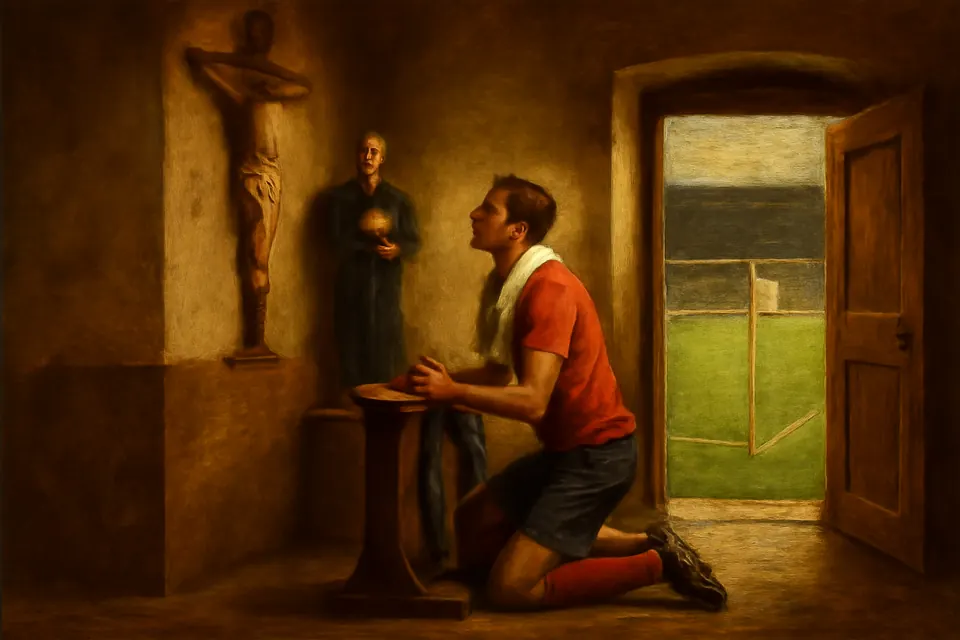 Oil-painting-style illustration of a young soccer player in uniform kneeling alone in a small stadium chapel before a match