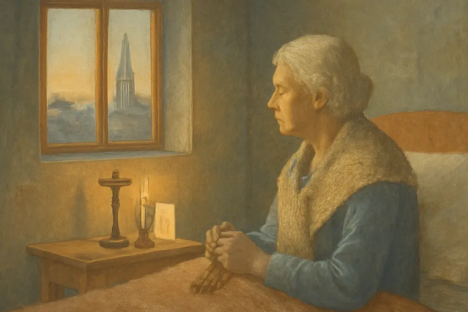 Ilustración en acuarela de una anciana sentada en su cama con un rosario en las manos, que mira un pequeño crucifijo mientras entra la luz de la mañana por la ventana
