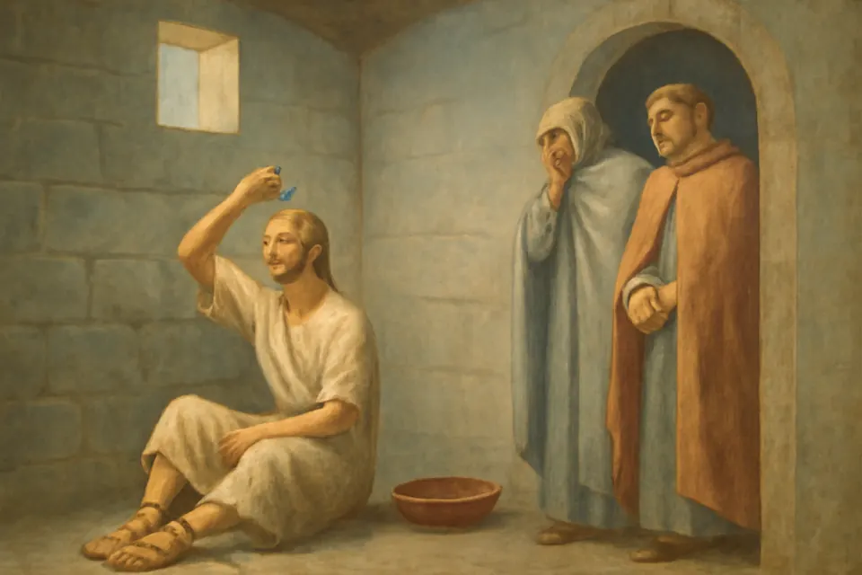Fresco-style illustration of a young man in a prison cell washing his face and anointing his head with oil before his martyrdom